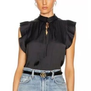 Frame Pleated Cap-Sleeve Tied Keyhole Satin Top